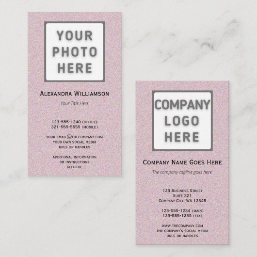 ピンクのキラキラのフォトロゴ両面の縦線 名刺 (正面/裏面)