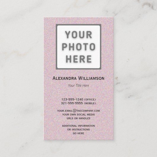 ピンクのキラキラのフォトロゴ両面の縦線 名刺 (正面)