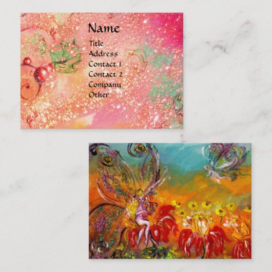 ピンクのキラキラの赤い花の妖精ファンタジー 名刺 (正面/裏面)