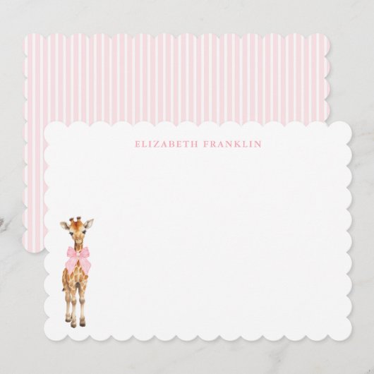ピンクのキリンがかわいい女の子のベビーシャワーノート サンキューカード (正面/裏面)