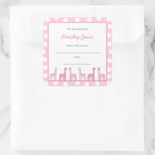 ピンクのキリンが本を持ってくる赤ちゃんシャワーのシール スクエアシール (バッグ)