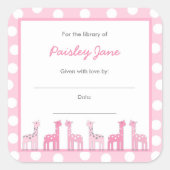 ピンクのキリンが本を持ってくる赤ちゃんシャワーのシール スクエアシール (正面)