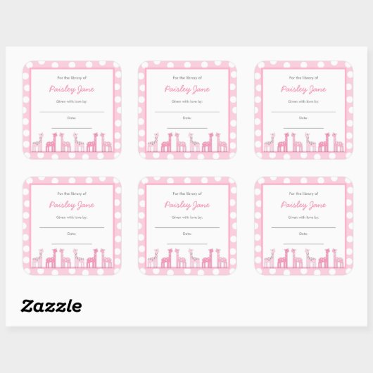 ピンクのキリンが本を持ってくる赤ちゃんシャワーのシール スクエアシール (シート)