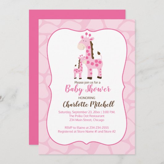ピンクのキリンちゃんの女の子のベビーシャワー招待状 招待状 (正面/裏面)