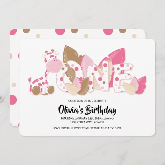 ピンクのキリンの最初誕生日のパーティの招待状 招待状 (正面/裏面)