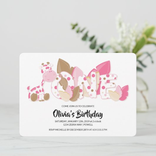 ピンクのキリンの最初誕生日のパーティの招待状 招待状 (スタンド正面)