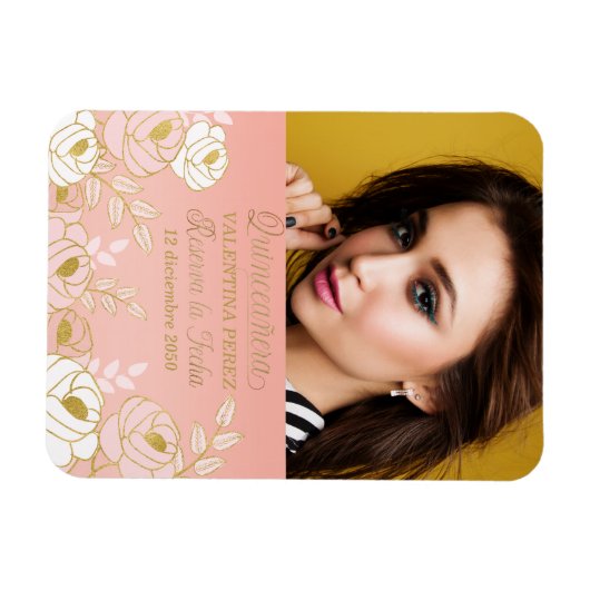 ピンクのキンセアニェラと金ゴールドスペインの日付の保存 マグネット (横)