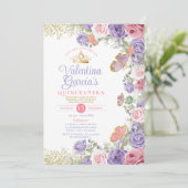 ピンクのキンセアニエラ 15歳 紫の花 ゴールドのクラウン 招待状 (スタンド正面)