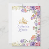ピンクのキンセアニエラ 15歳 紫の花 ゴールドのクラウン 招待状 (裏面)
