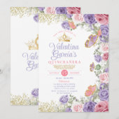 ピンクのキンセアニエラ 15歳 紫の花 ゴールドのクラウン 招待状 (正面/裏面)