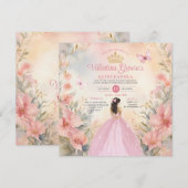 ピンクのキンセアニエラ 15歳 誕生日 花 ゴールド グリッター 招待状 (正面/裏面)