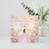 ピンクのキンセアニエラ 15歳 誕生日 花 ゴールド グリッター 招待状 (スタンド正面)