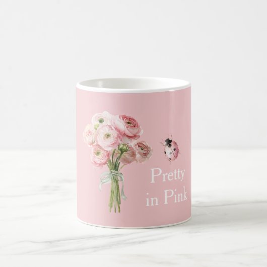 ピンクのキンポウゲの花てんとう虫 コーヒーマグカップ (中央)