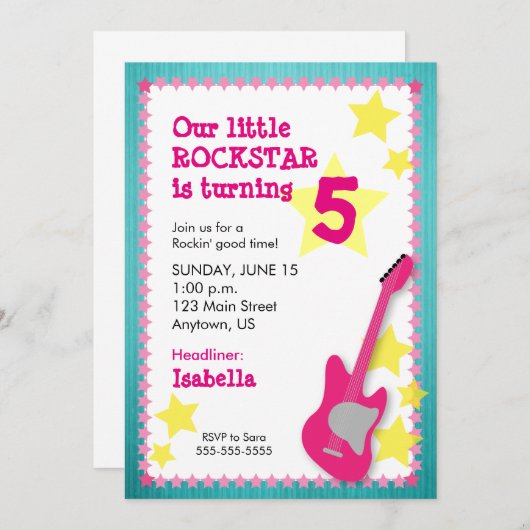 ピンクのギターを持つ女の子ロックスター誕生日 招待状 (正面/裏面)