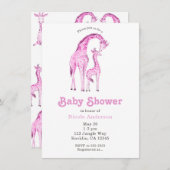 ピンクのギラフェお洒落ス赤ちゃんシャワー 招待状 (正面/裏面)