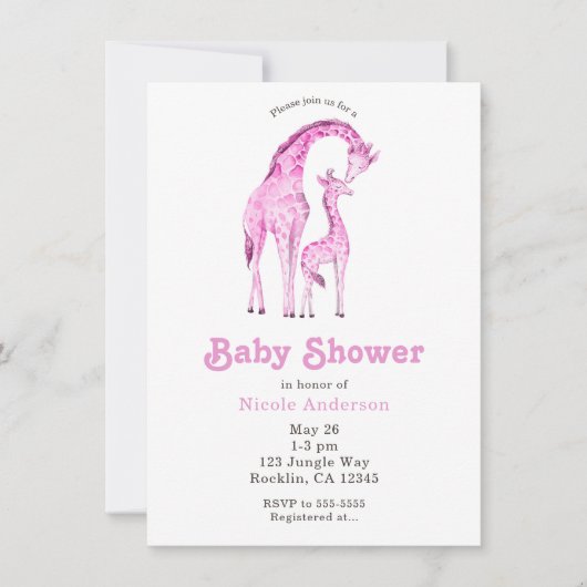 ピンクのギラフェお洒落ス赤ちゃんシャワー 招待状 (正面)