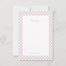 ピンクのギンガムかわいいパーソナライズされた赤ちゃん女の子シャワー サンキューカード