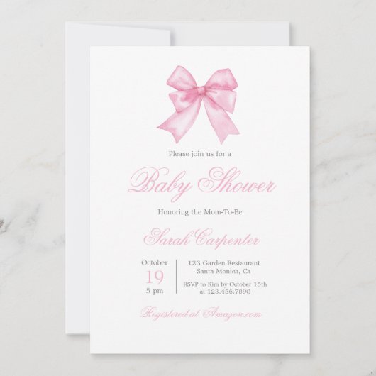 ピンクのギンガムと弓の赤ちゃんシャワー女の子 招待状 (正面)