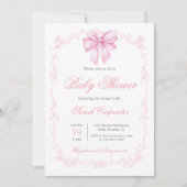 ピンクのギンガムと弓の赤ちゃんシャワー女の子 招待状 (正面)