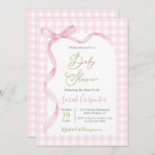 ピンクのギンガムと弓の赤ちゃんシャワー女の子 招待状 (正面/裏面)
