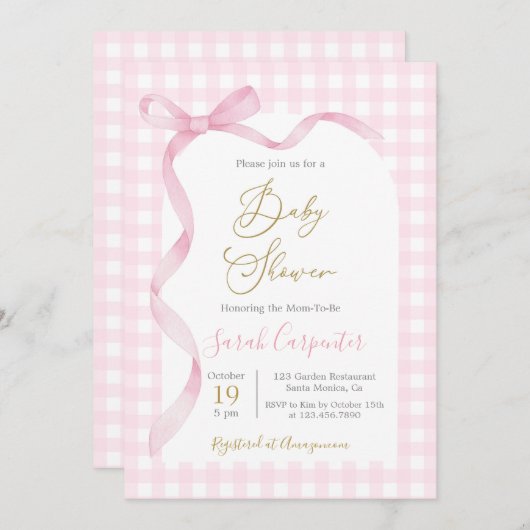 ピンクのギンガムと弓の赤ちゃんシャワー女の子 招待状 (正面/裏面)