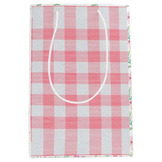 ピンクのギンガムと花のかわいいチェック柄のプリティーなバッグ ミディアムペーパーバッグ (正面)