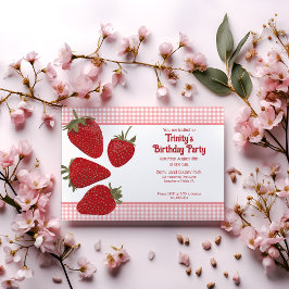 ピンクのギンガムと赤イチゴ 招待状
