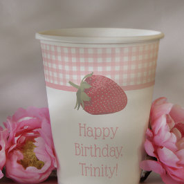 ピンクのギンガムと赤イチゴ 紙コップ