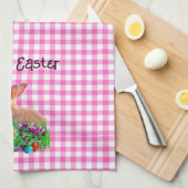 ピンクのギンガムに可愛いイースターウサギ キッチンタオル (四つ折り)