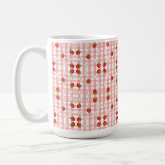 ピンクのギンガムに可愛らしいイチゴと花 コーヒーマグカップ (左)