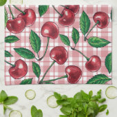 ピンクのギンガムに赤いさくらんぼ キッチンタオル (折り畳み)