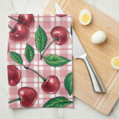 ピンクのギンガムに赤いさくらんぼ キッチンタオル (四つ折り)