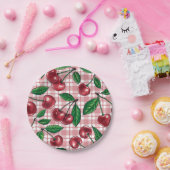 ピンクのギンガムに赤いさくらんぼ ペーパープレート (パーティー)