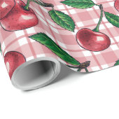 ピンクのギンガムに赤いさくらんぼ ラッピングペーパー (ロールコーナー)