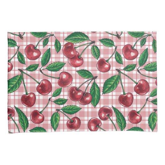 ピンクのギンガムに赤いさくらんぼ 枕カバー (正面右)