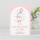 ピンクのギンガムの女の子たち ワン シリー グース 1歳の誕生日 招待状 (スタンド正面)