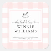 ピンクのギンガムの揺れる馬のブックプレートステッカー スクエアシール (正面)