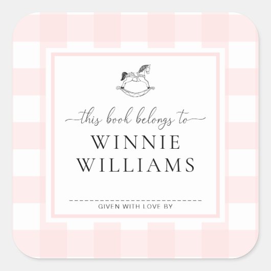 ピンクのギンガムの揺れる馬のブックプレートステッカー スクエアシール (正面)