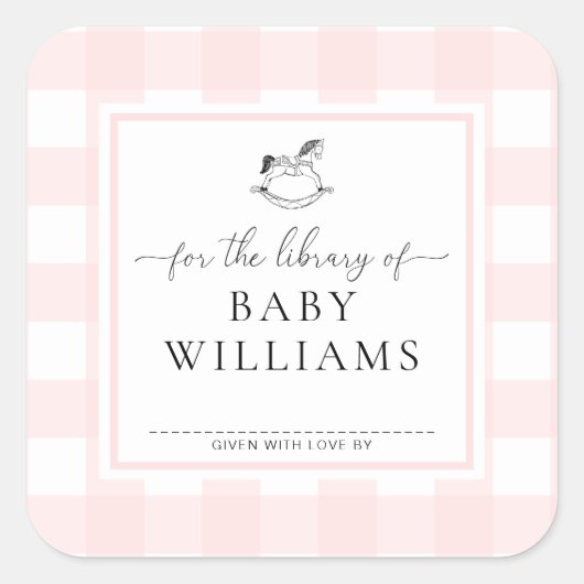 ピンクのギンガムの揺れる馬の本のプレートライブラリー スクエアシール (正面)
