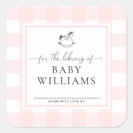 ピンクのギンガムの揺れる馬の本のプレートライブラリー スクエアシール