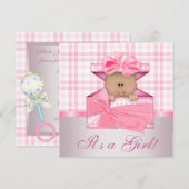 ピンクのギンガムの赤ちゃん女の子のシャワー招待状 招待状 (正面/裏面)