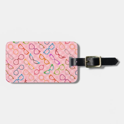 ピンクのギンガムを持つ接眼レンズのレトロのモダンなヒップスター ラゲッジタグ (正面横)