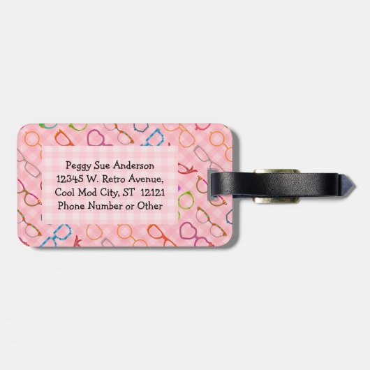 ピンクのギンガムを持つ接眼レンズのレトロのモダンなヒップスター ラゲッジタグ (裏面横)