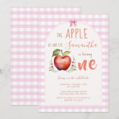 ピンクのギンガムアップルの水彩1歳誕生日 招待状 (正面/裏面)