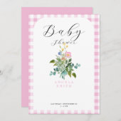 ピンクのギンガムアーチワイルドフラワーベビーシャワー 招待状 (正面/裏面)