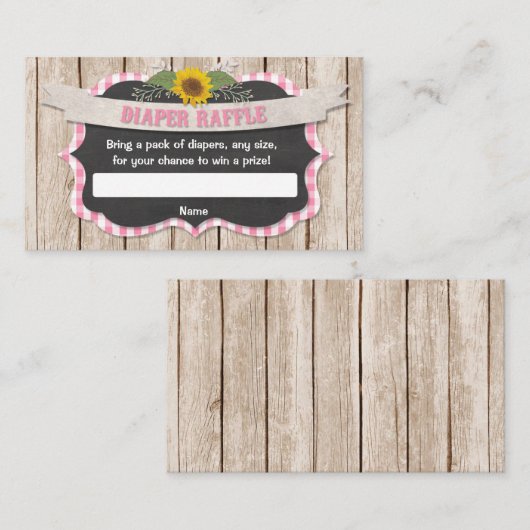 ピンクのギンガムイエローサンフラワーズベビーおむつラッフル エンクロージャーカード (正面/裏面)