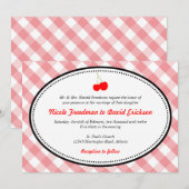 ピンクのギンガムカントリーなルーラルレッドチェリーウェディング 招待状 (正面/裏面)