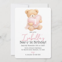 ピンクのギンガムチェックのくまの1歳の誕生日お祝い少女の招待状