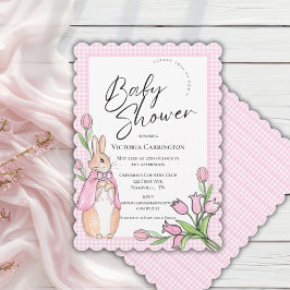 ピンクのギンガムチェックのウサギ 赤ちゃんの歓迎会 招待状