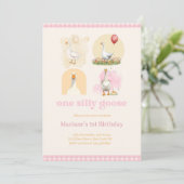 ピンクのギンガムチェックのガールズ・ワン・シリー・グース 1歳の誕生日 招待状 (スタンド正面)